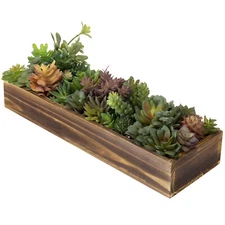 MyGift Faux Assorted Succulent Plant Arrangement in Rustic Brown Wood Planter