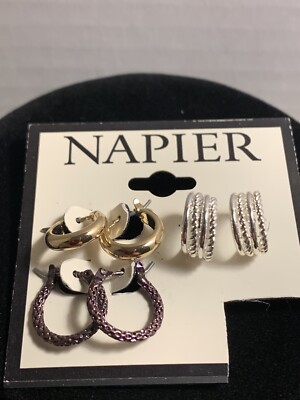 Beautiful Napier Silver, Gold, & Purple Tone Three Pack Hoop Earrings