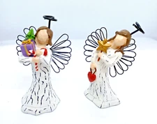 Angel Christmas Set of 2 Gift Hearts Halos Wire Wings Carved Resin 4 inches Tall
