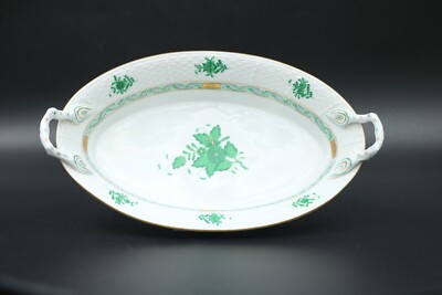 Herend Apponyi Grün Brotschale Schale mit Griffen Porzellan Goldrand Handgemalt