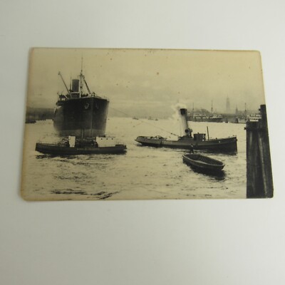 RPPC Real Photo Postcard Early 1900's Tugboats Towing Ship In Port
