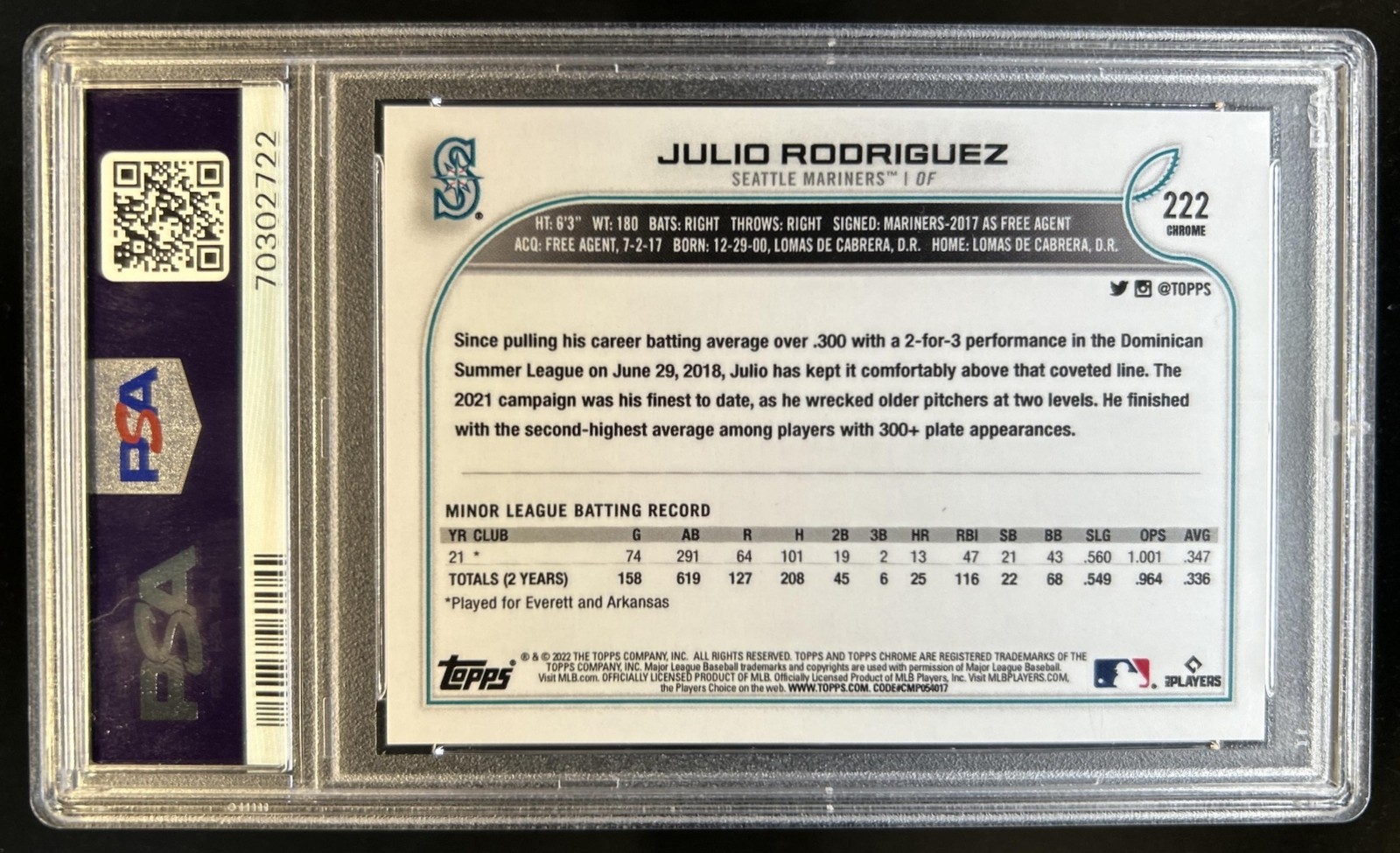 2022 Topps Chrome Julio Rodriguez RC SP Refractor Rookie #222 Mariners PSA 10 view 2