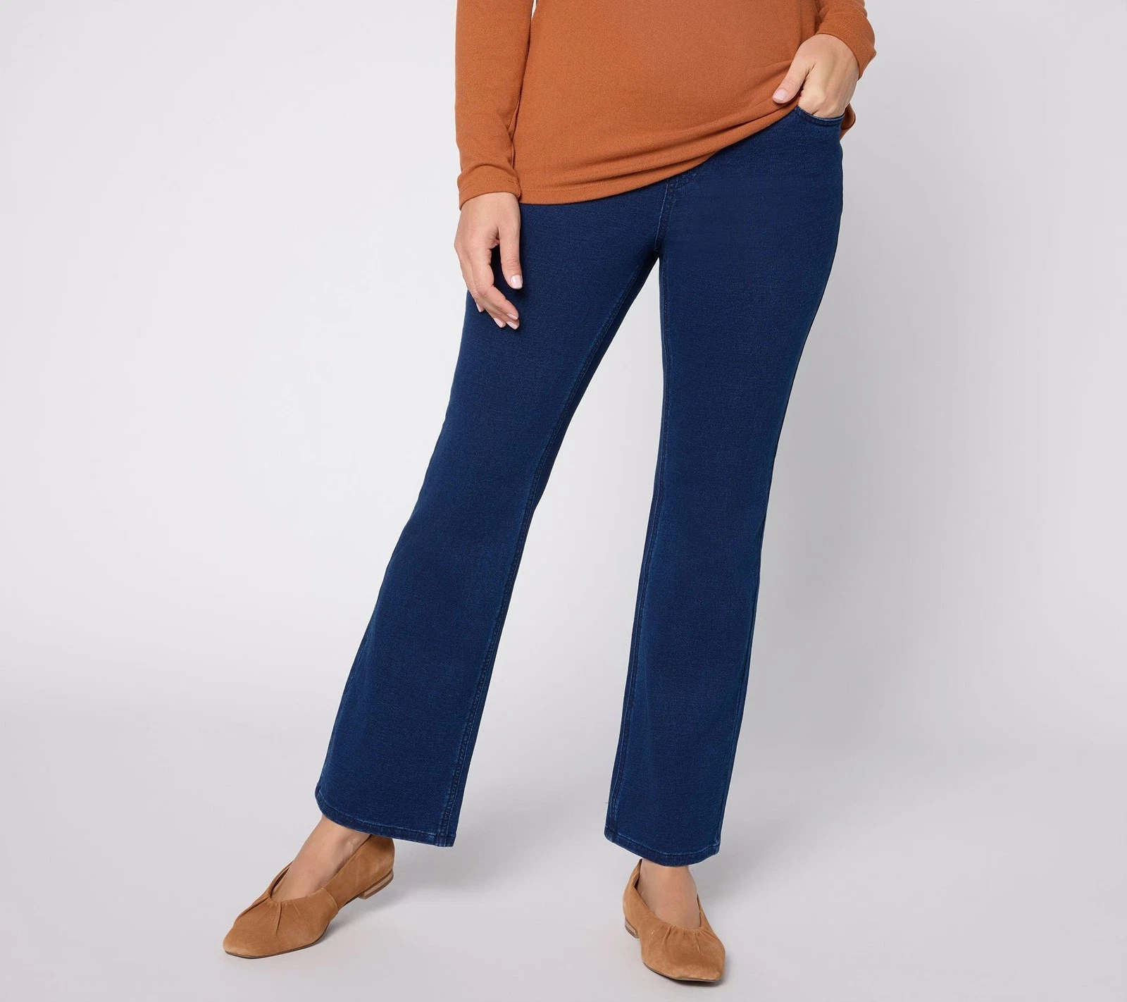 Denim & Co. Women's Petite Pants PM Knit Pull On Boot Leg Jeans Blue A709539