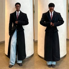 Wool Blend Men Overcoats Extra Long Coats Ankle Length Peak Lapel Outwear Jacket