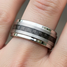 9mm Men s Tungsten Ring Brushed Silver Band with Black Carbon Fiber Accent