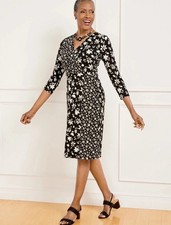 Talbots Dress Women’s M Black & White Bicolor Floral Ditsy Faux Wrap Jersey