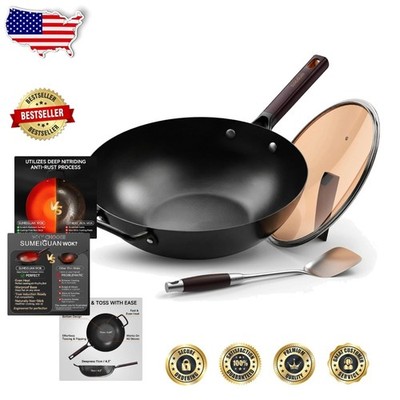 Large 6.4 Qt Carbon Steel Wok: 13.5'' Flat Bottom, Walnut Handle, Stir-fry Pan