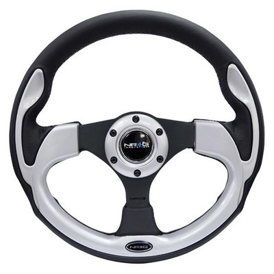3-Spoke Pilota Series Black Leather Reinforced Steering Wheel w Silver Trim