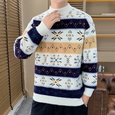 Herren Mockneck Pullover Aus Kunstfell Gestrickt Vintage Warmer Winterpullover