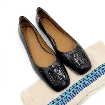 Tory Burch Georgia Ballet Flats Black Leather Square Toe Logo Sz 7.5
