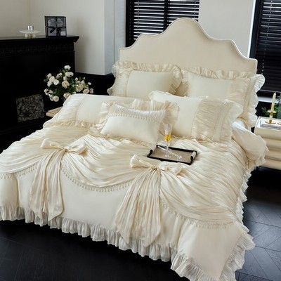 Bedding Set 4 pcs Luxury Lace Embroidered Duvet Cover Bed Skirt 2 Pillowcases