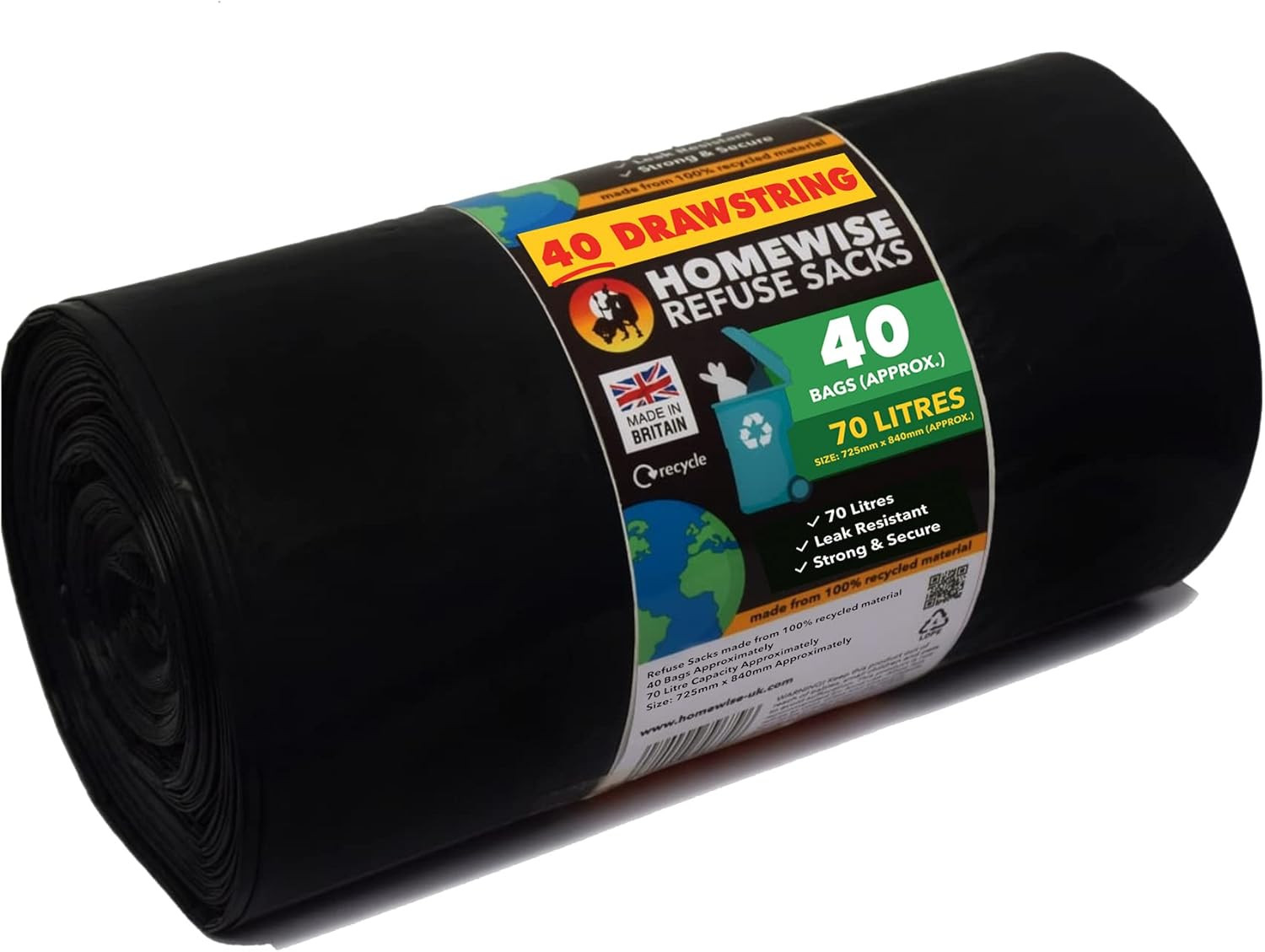40 Drawstring Bin Bags Heavy Duty 70L Bin Bag Refuse Sacks Pack of 40 Black Bags