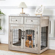 Wooden Dog Crate End Table W/3 Doors 2 Drawer Cushion for Medium Large Dogs Grey