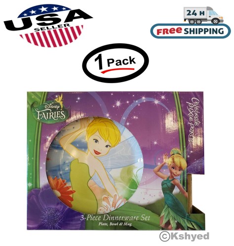 Disney Pixie Fairies Tinkerbell Ceramic 3 Piece Dinnerware Set- New - Free Ship - Picture 1 of 9