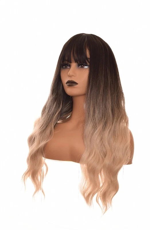 Peruca Long Wave marrom escuro loiro ombre aparência natural com franja reta. Unissex - Imagem 2 de 4