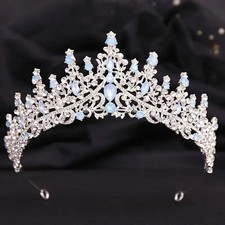 Wicked Silk Prom, Quinceanera Jeweled Crown Tiara Headband - Silver Light Blue