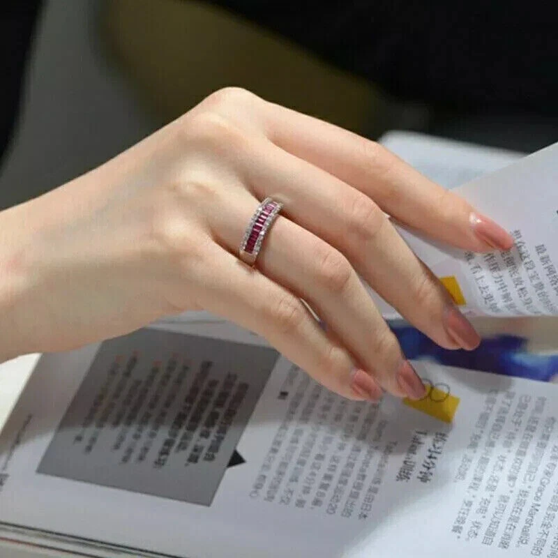 Baguette Pink Sapphire Diamond Eternity Wedding Band Ring 14K White Gold Finish - Image 4 of 4