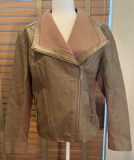 Iman Beige Camel Trim 100% Leather Moto Jacket Size M. P17494