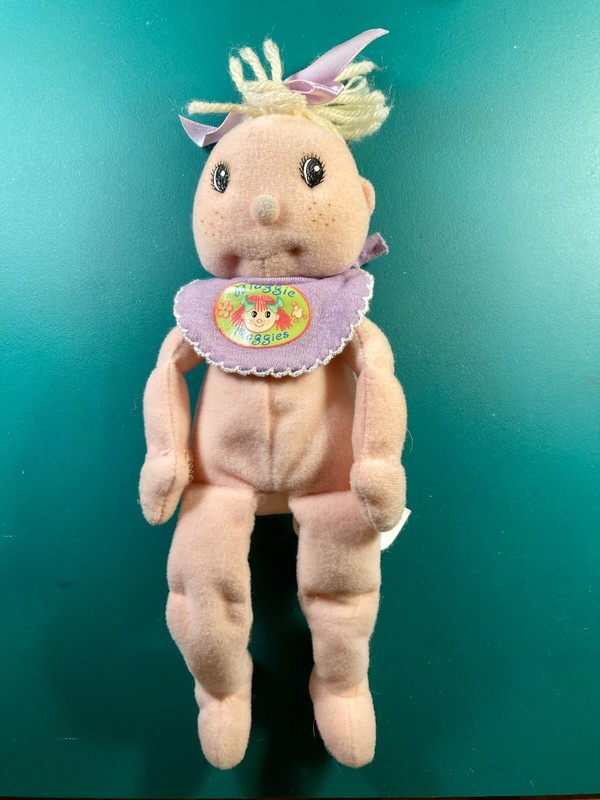 MAGGIE RAGGIES Soft Cloth Baby Doll Plush Blonde Hair Purple Bow and Bib
