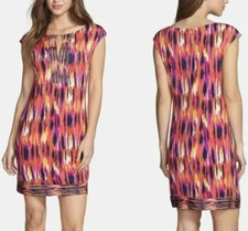 Trina Turk Ikat Shift Dress Size 2 Multicolor Sleeveless Stretch Keyhole USA NWT