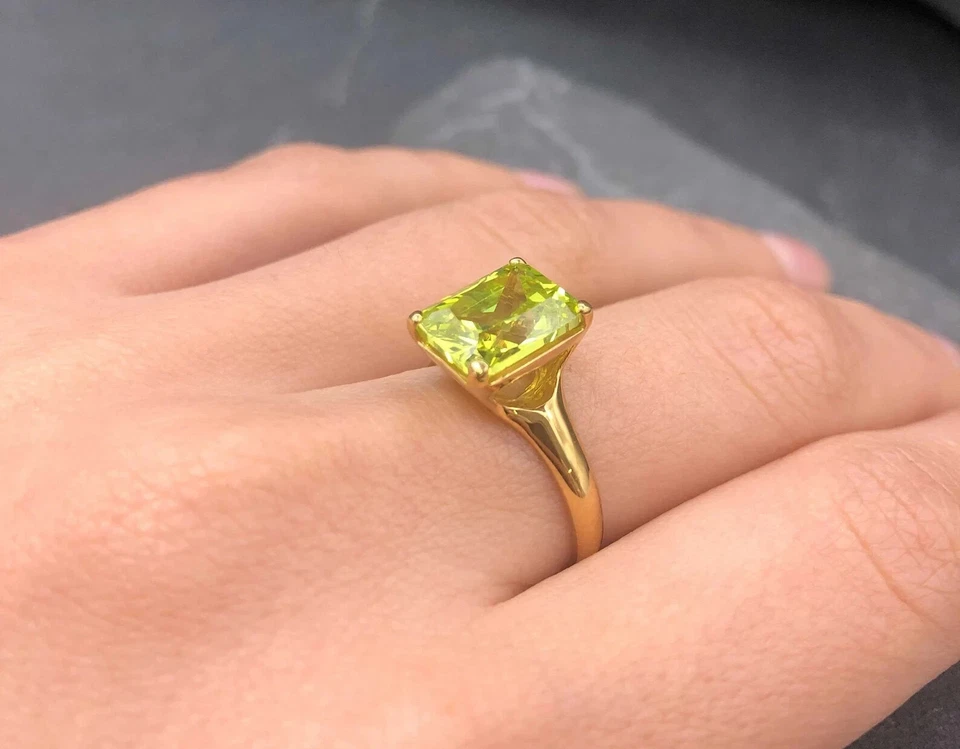 Emerald Cut 3.00ct Natural Peridot Diamond Engagement Ring 14K Yellow Gold 6 - Image 3 of 4