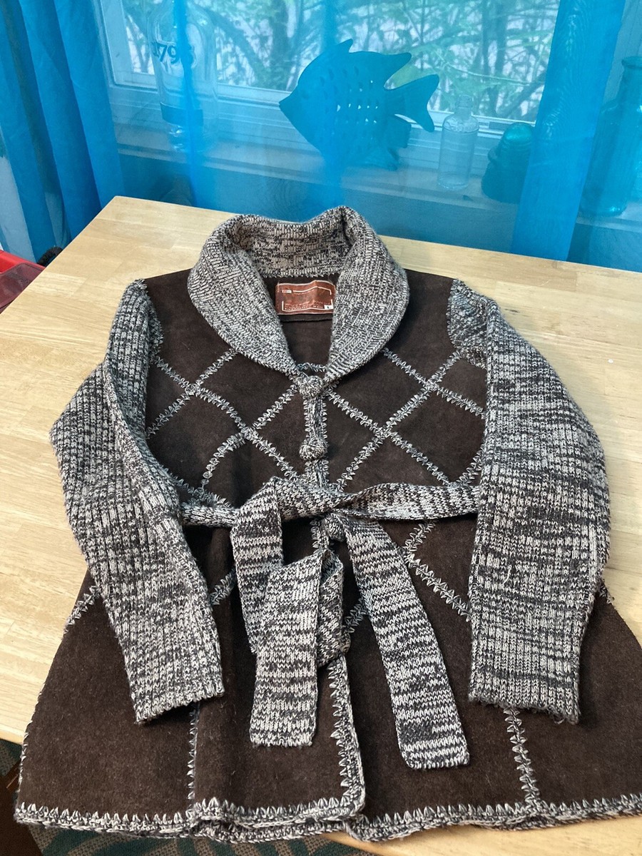 70s Kmart Suede 'n Knit 蝶柄 Vintage Kmart Suede N' Knit, Genuine Leather Acrylic Knit Jacket