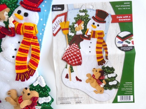 Finished Bucilla Felt Christmas Stocking Date with a Snowman Handmade Sewn NEW - Picture 7 of 11