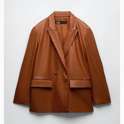 NWT Zara Faux Vegan Leather Oversized Boyfriend Brown Cognac Blazer Jacket Small