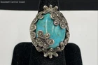 925 Silver Vintage Floral Design Ring W/ Turquoise & Marcasite