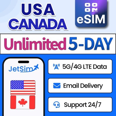 USA and Canada  Travel eSIM- 10GB High-Speed Data 7 Day JetSim