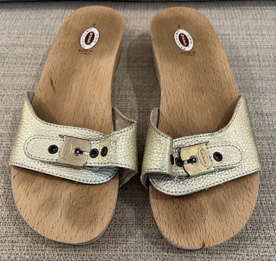 Dr. Scholl s Original Women 7 Gold Metallic Wooden Clogs Sandals Made In Italy
