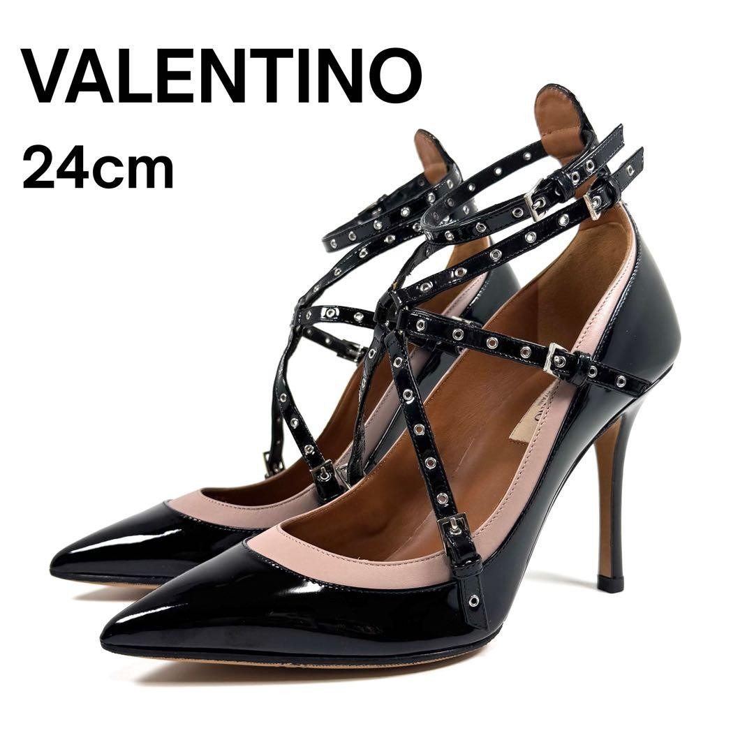 VALENTINO Eyelet Ankle Strap Sandals Size EU37 US7 Black Patent Leather Women