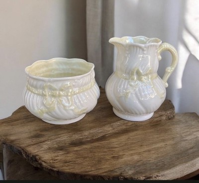 VTG Belleek Yellow Ribbon Creamer & Open Sugar Bowl Set Ireland Green Mark EUC