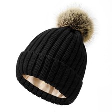 Satin Lined Beanie for Women Knit Winter Hat with Detachable Pom Pom Silk