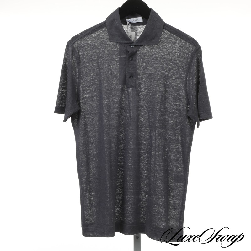 NWT #1 MENSWEAR Cruciani Made in Italy 100% Linen Slubby Grey Polo Shirt 50 NR