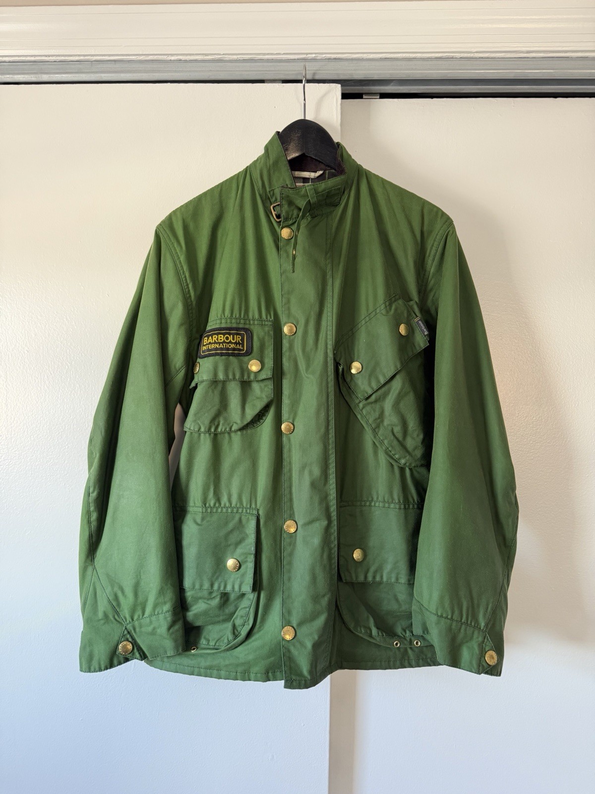 Barbour International Men's Waxed Jacket in British Racing Green - Size Small