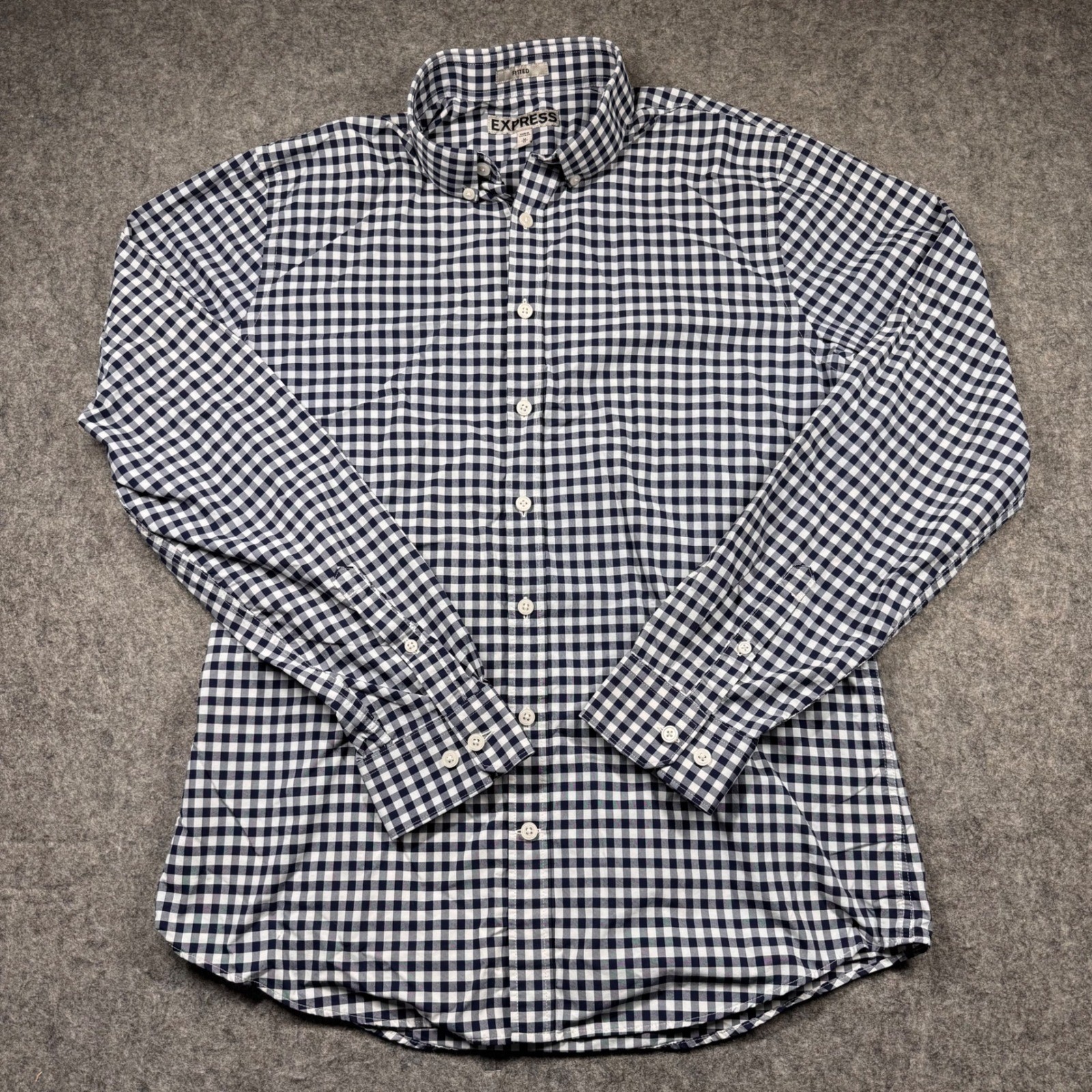 Express Men M Fitted Gingham Button Up Shirt Navy… - image 2