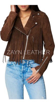 Women s Dark Brown Suede Leather Fringed Cropped Moto Biker Vintage Jacket SizeM