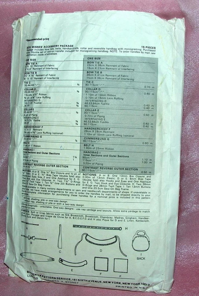 VTG BUTTERICK WOMENS ACCESSORIES PATTERN 3378 - BELTS, TIES, COLLARS, PURSE - Image 2 of 3