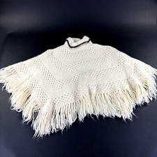Hand Knit Crochet Granny BOHO Festival Fringe Hippie Poncho Cape Cream