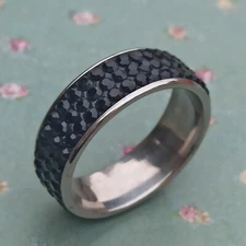 Black Ring Rhinestones Band Men's Women Stainless Steel Pinky Statement Deco New
