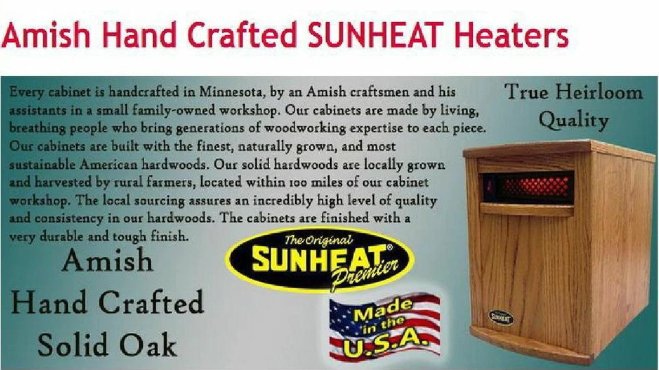 Calentador infrarrojo SunHeat EE. UU. hecho a mano hecho en Amish roble 1500 vatios 5 años de garantía Foto 2 de 4