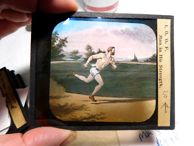 Scarce Antique Odd Fellows Color Glass Magic Lantern Slide / Man in his Strength
