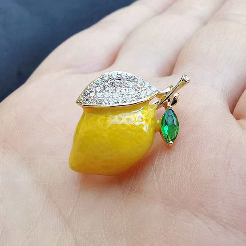 Art Deco Style Enamel Crystal Cute Yellow Lemon Brooch Shawl Pin - image 3 of 4