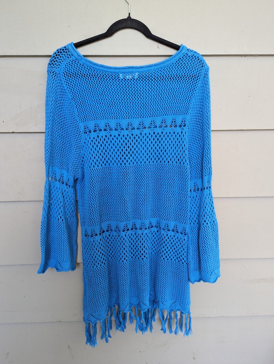 トップス Book Joseph A Women's Blue Mesh Knit Top Size XL Boho Peasant Fringed