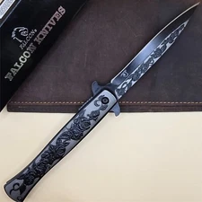 9” Black Rose Flower Tactical Spring Assisted Open Blade Folding Pocket Knife