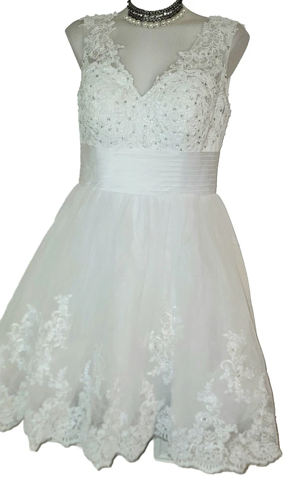 Vtg Style Womens White Tulle Beaded Fairy Skater Swinger Wedding Dress Sz 16 - Image 2 of 4