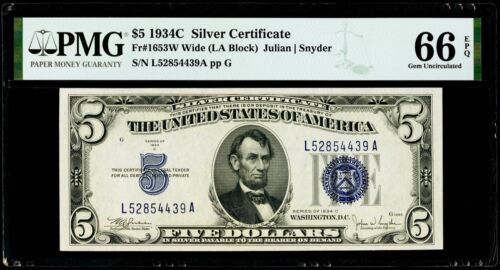 $5 1934C Silver Certificate Fr#1653W Wide (LA Block) PMG 66 EPQ Gem Uncirculated - Picture 3 of 3