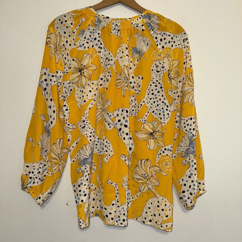 Blusa Camisa Top Mujer S Tucker NY Abotonada Amarilla Estampado Floral 100% Seda Foto 4 de 4