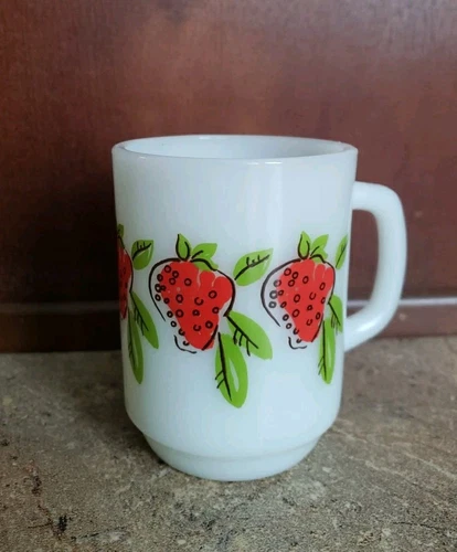 Anchor Hocking Fire King Milk Glass Coffee Mug Strawberries D Handle 